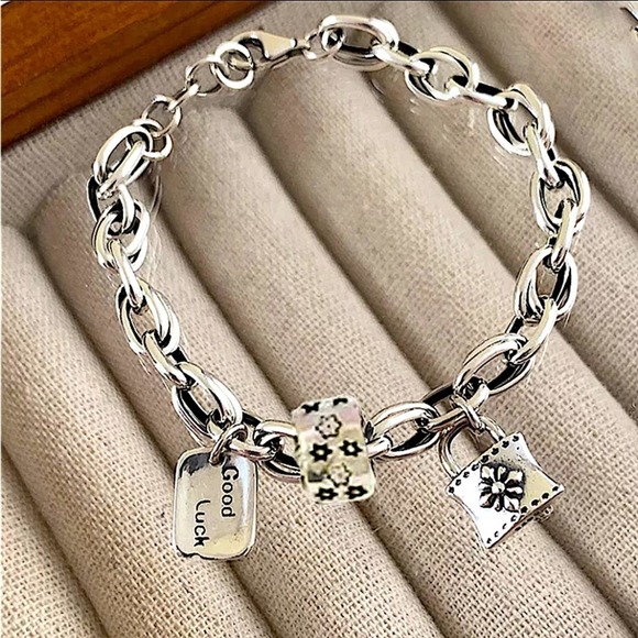 Sterling Silver Lock Charm Chain Link Good Luck Bracelet - Picture 4 of 5